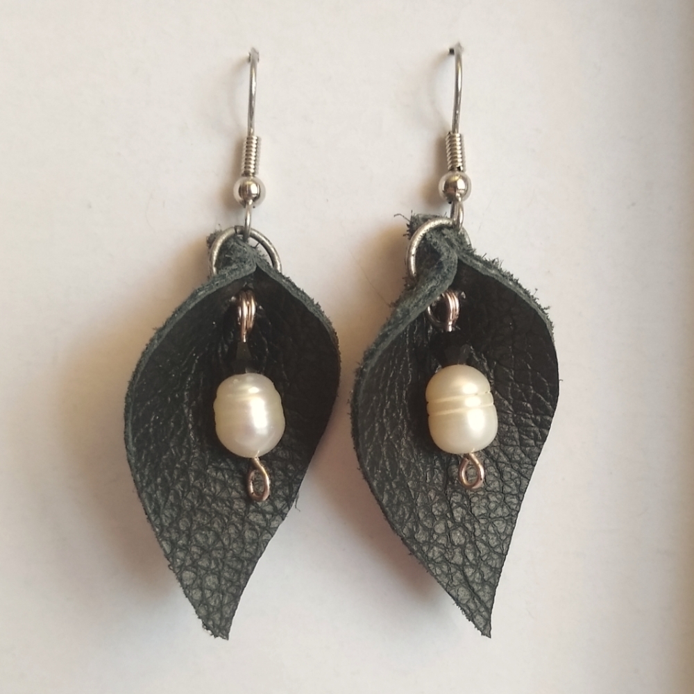 Leather Leaf and Pearl Earrings